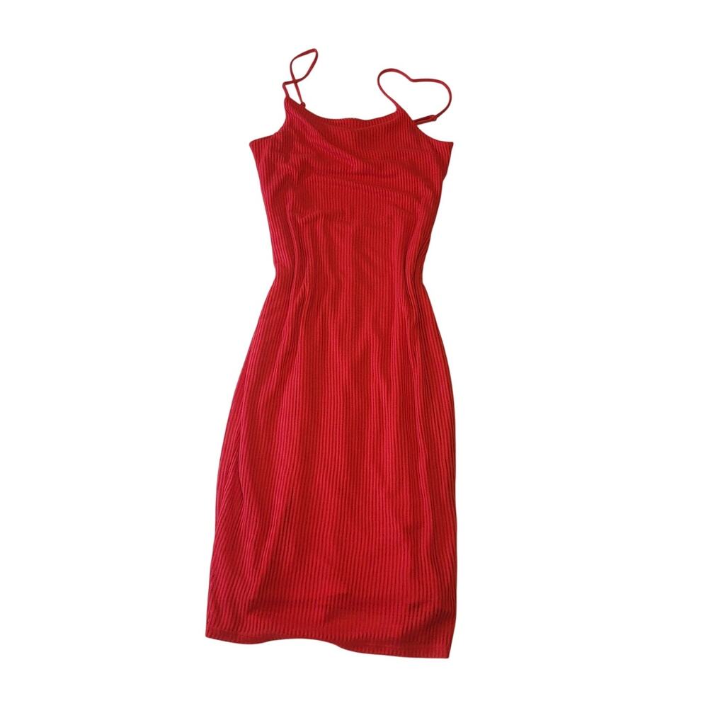 Express Red Ribbed Midi Dress SM Spaghetti Strap Cutout Y2K Bodycon Party